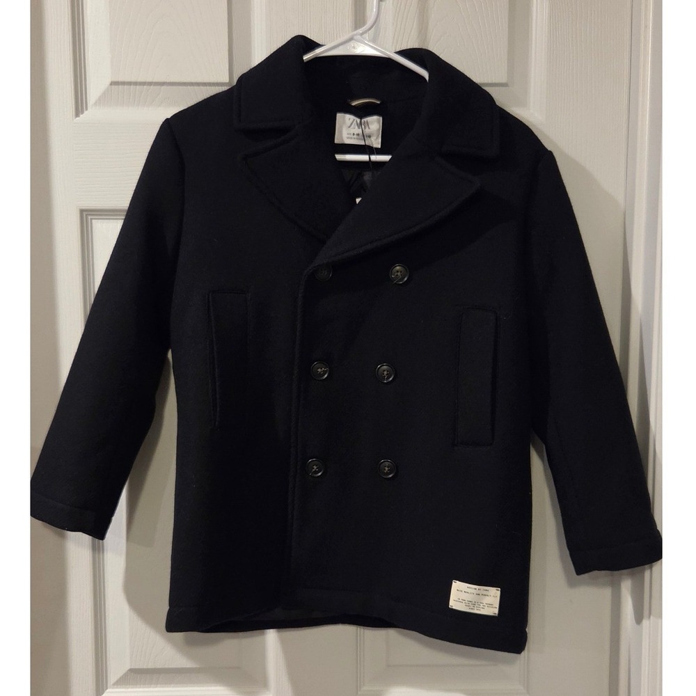Zara Boys 9-10 Navy Wool Blend Peacoat NWT Double Breasted Winter Coat 140